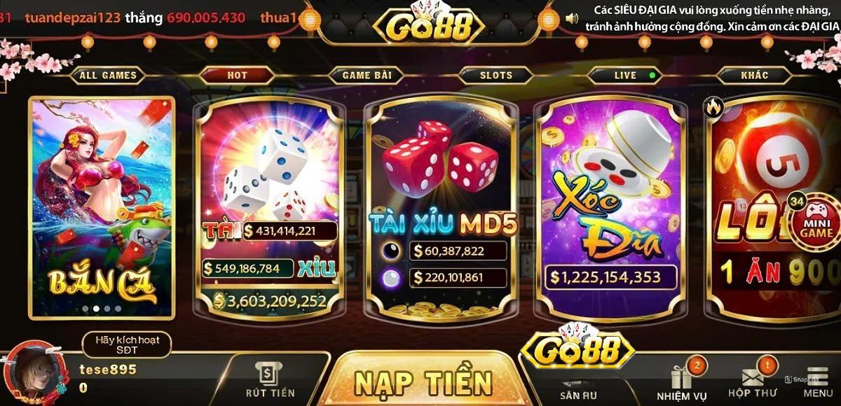 Chơi game tại Go88 vừa giải trí lại có thể kiếm được số tiền khủng